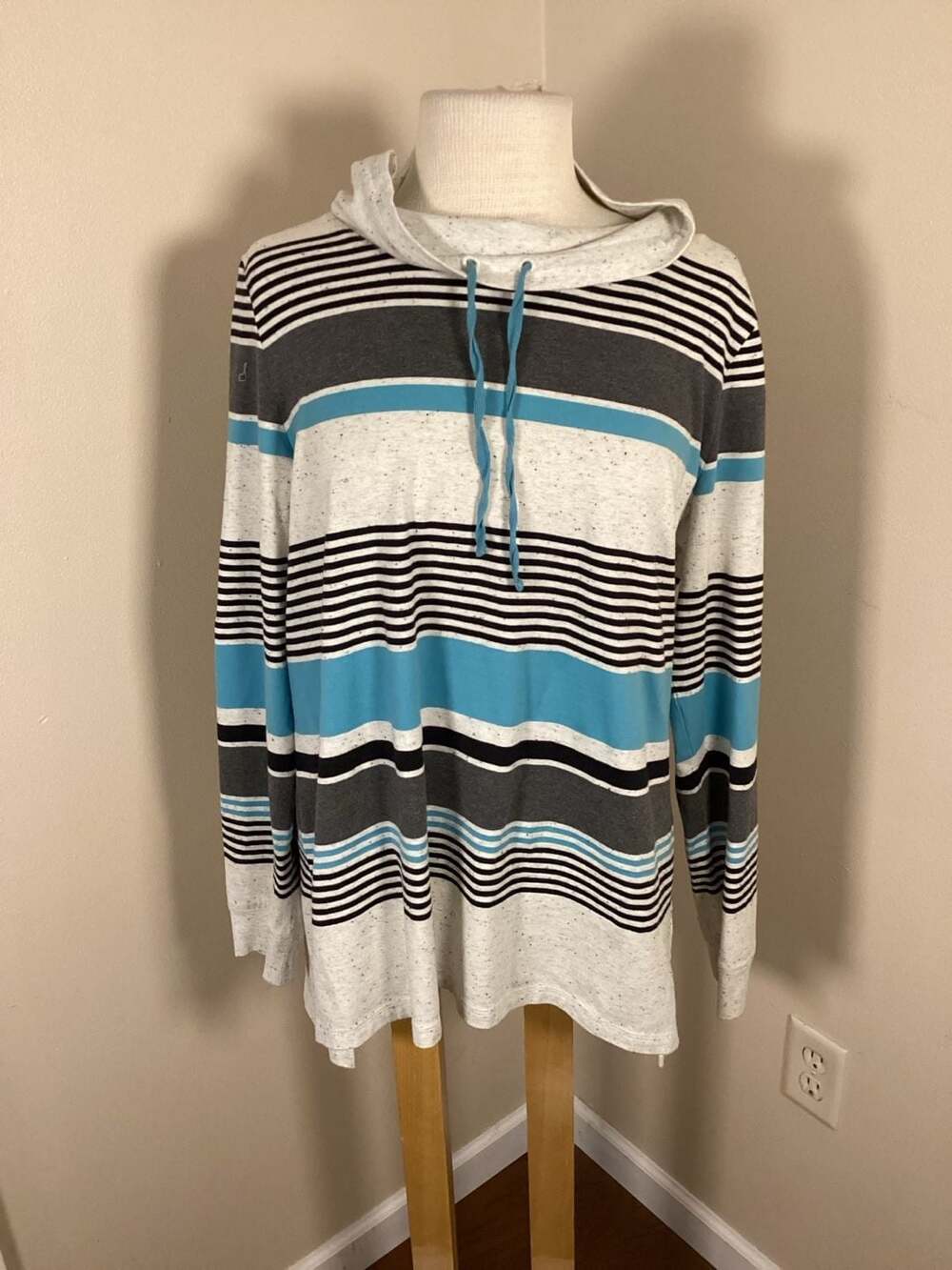 T by Talbots Striped Cowl Neck Pullover Hoodie in White, Teal and Grey